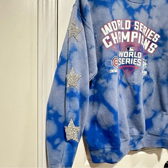 Chicago Cubs Hoodie Sweatshirt World Series 2016 Women Bleached Rhinestone Stars - Picture 4 of 9